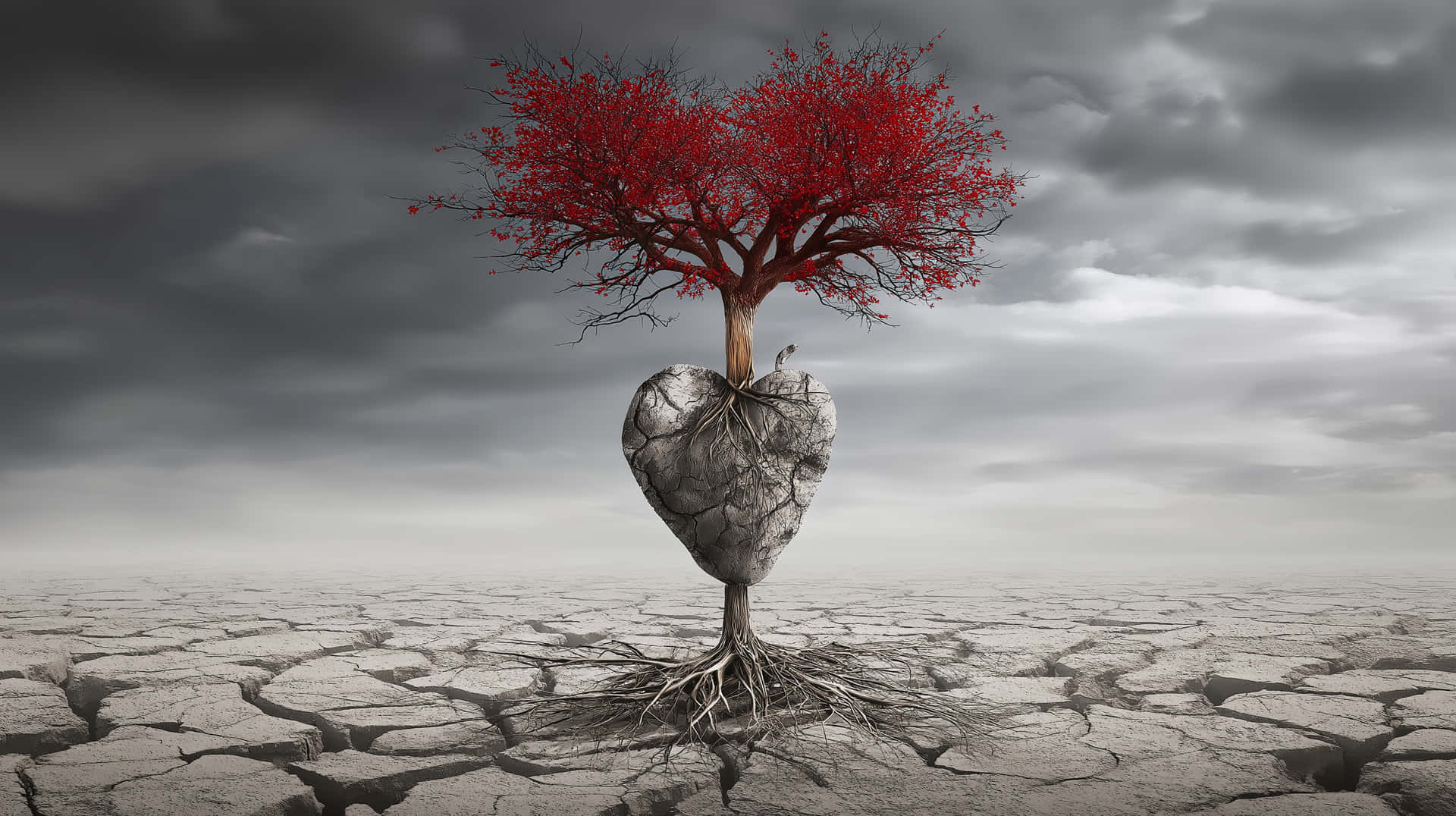 A tree growing out of a heart made of stone 壁紙 — 一棵孤獨的樹，長著鮮紅色的葉子，從裂開的心形根中長出，在一片荒涼乾涸的荒地中，天空灰暗，風暴將至。