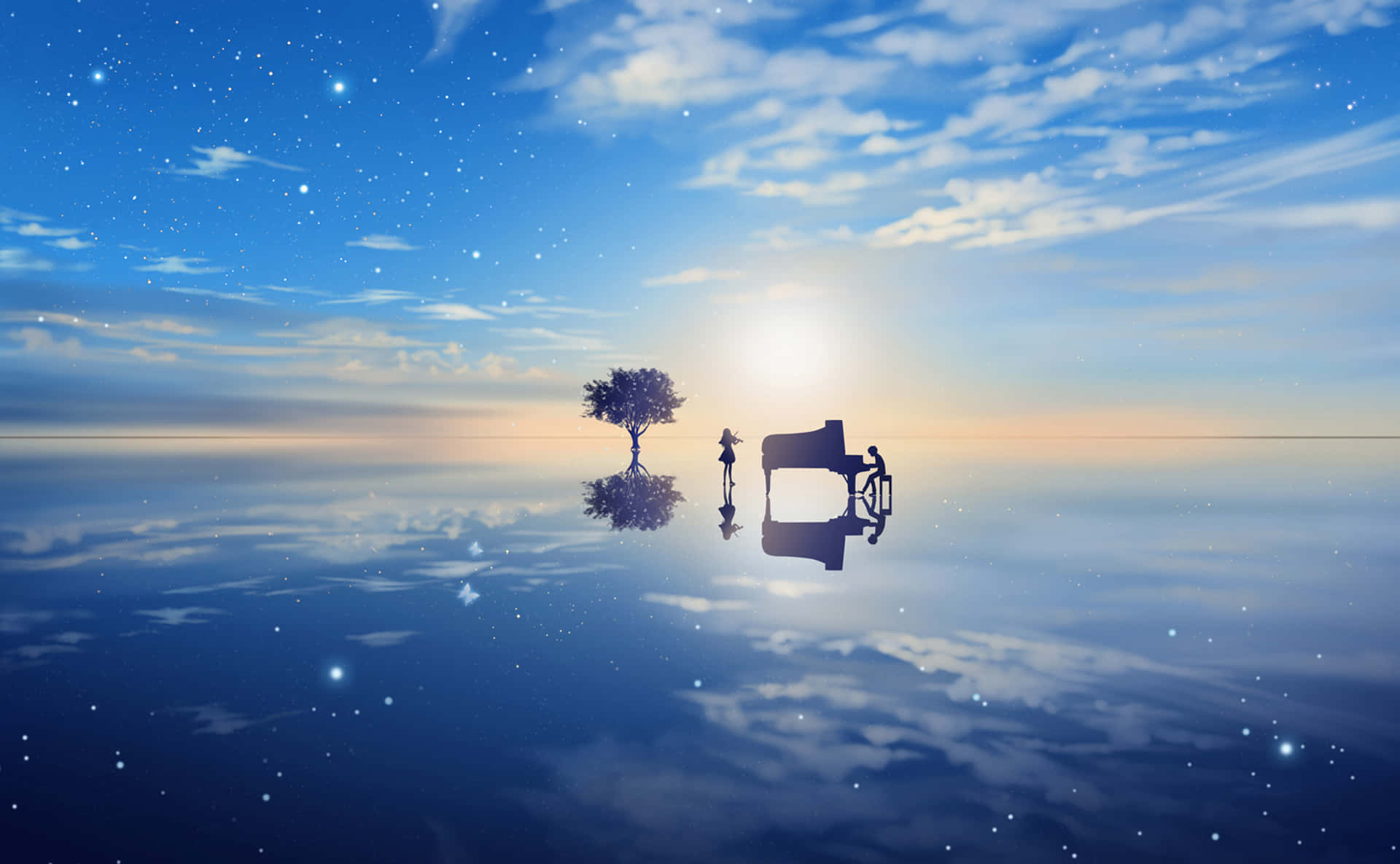 Your Lie In April 桌布 壁紙 — 一棵孤獨的樹和一個人在鋼琴上漂浮在反射表面上，在繁星點點的天空下，有明亮的太陽。