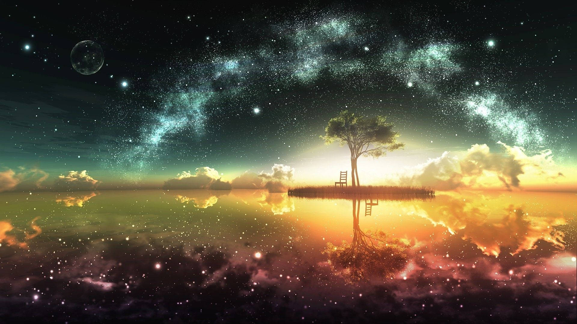 星際效應 桌布 壁紙 — 一棵孤獨的樹和一把椅子站在浮島上，星空銀河倒映在宇宙海洋中。