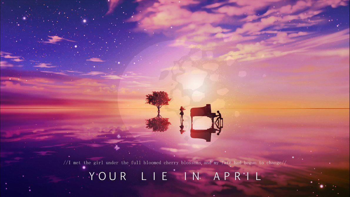 lie 桌布 壁紙 — 一棵孤獨的樹和一部鋼琴漂浮在反射表面上，背景是繁星點點的紫色日落天空，漂浮著花瓣。