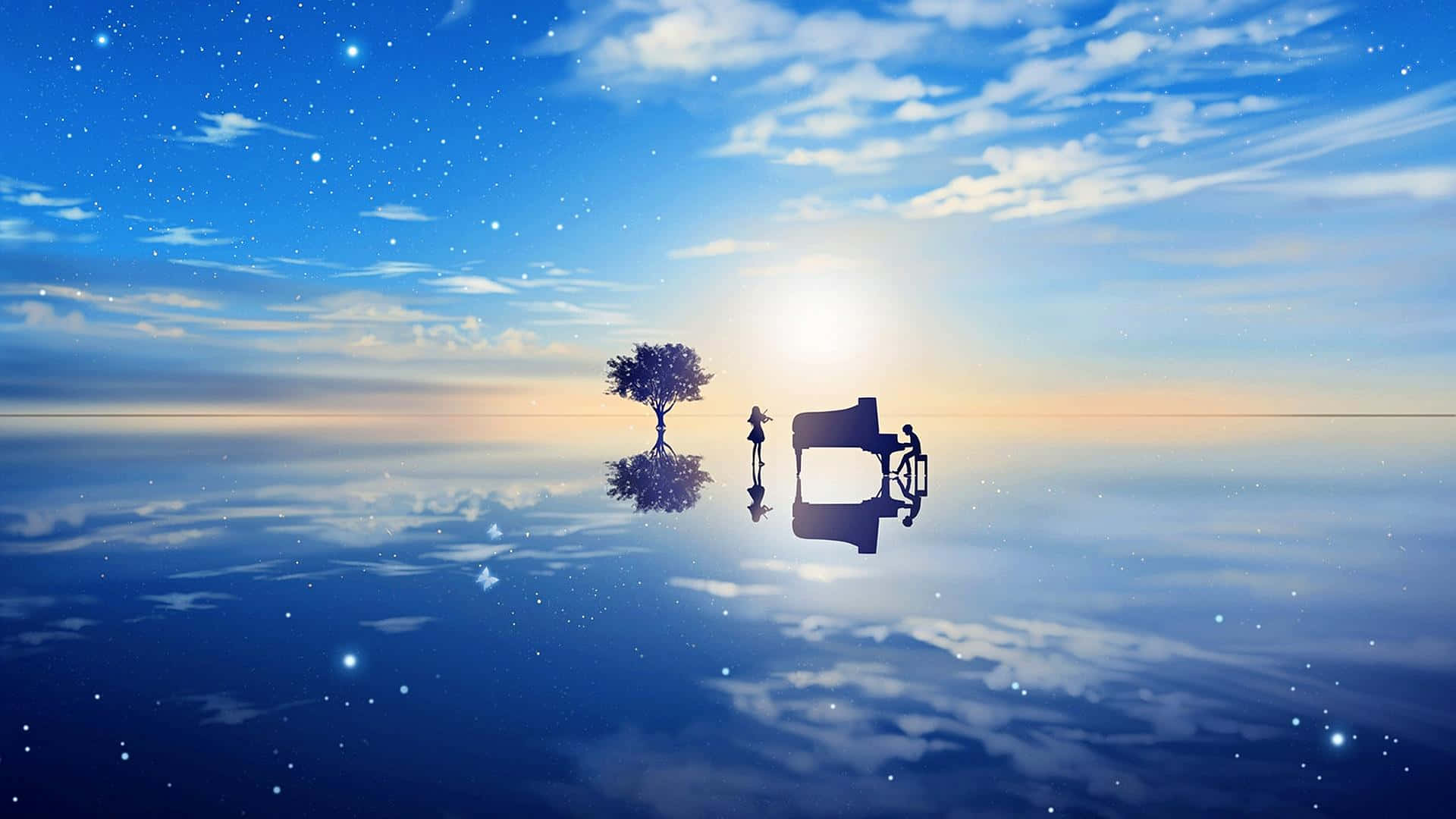 動漫 桌布 壁紙 — 一棵孤獨的樹和鋼琴漂浮在反射表面上，星空下，地平線上有明亮的太陽。
