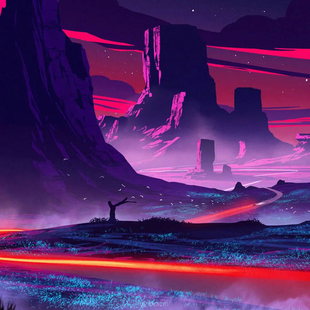 山景 桌布 壁紙 — 一棵孤獨的樹在夜晚的星空下矗立在超現實的峽谷中，發光的粉紅色和藍色霓虹條紋照亮了岩石地形。