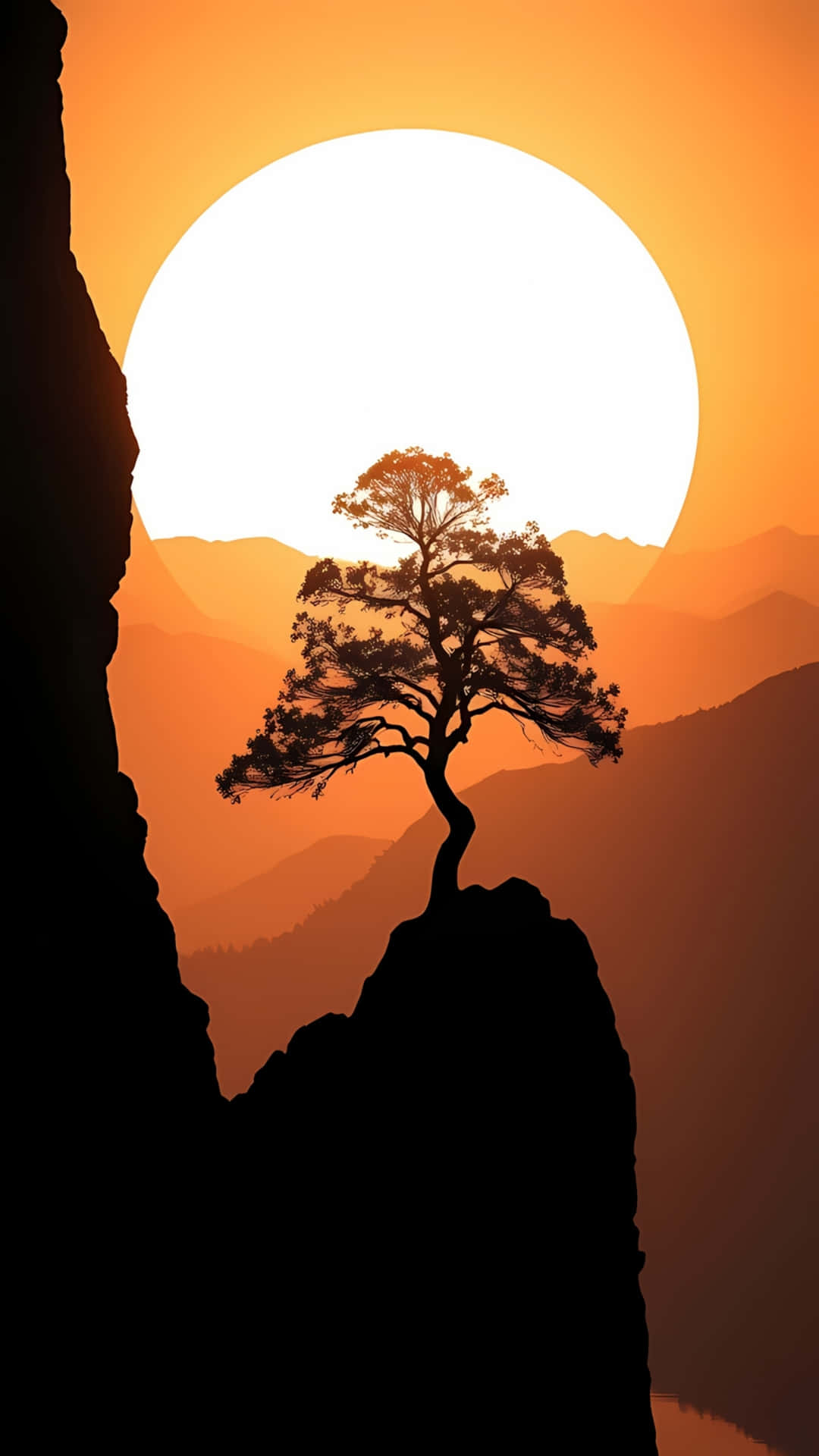Lonely Tree on Cliff Silhouette Against Giant Sunset 壁紙 — 一棵孤獨的樹在溫暖橙色調的層疊山脈上，襯托著一輪巨大的太陽升起，形成剪影。