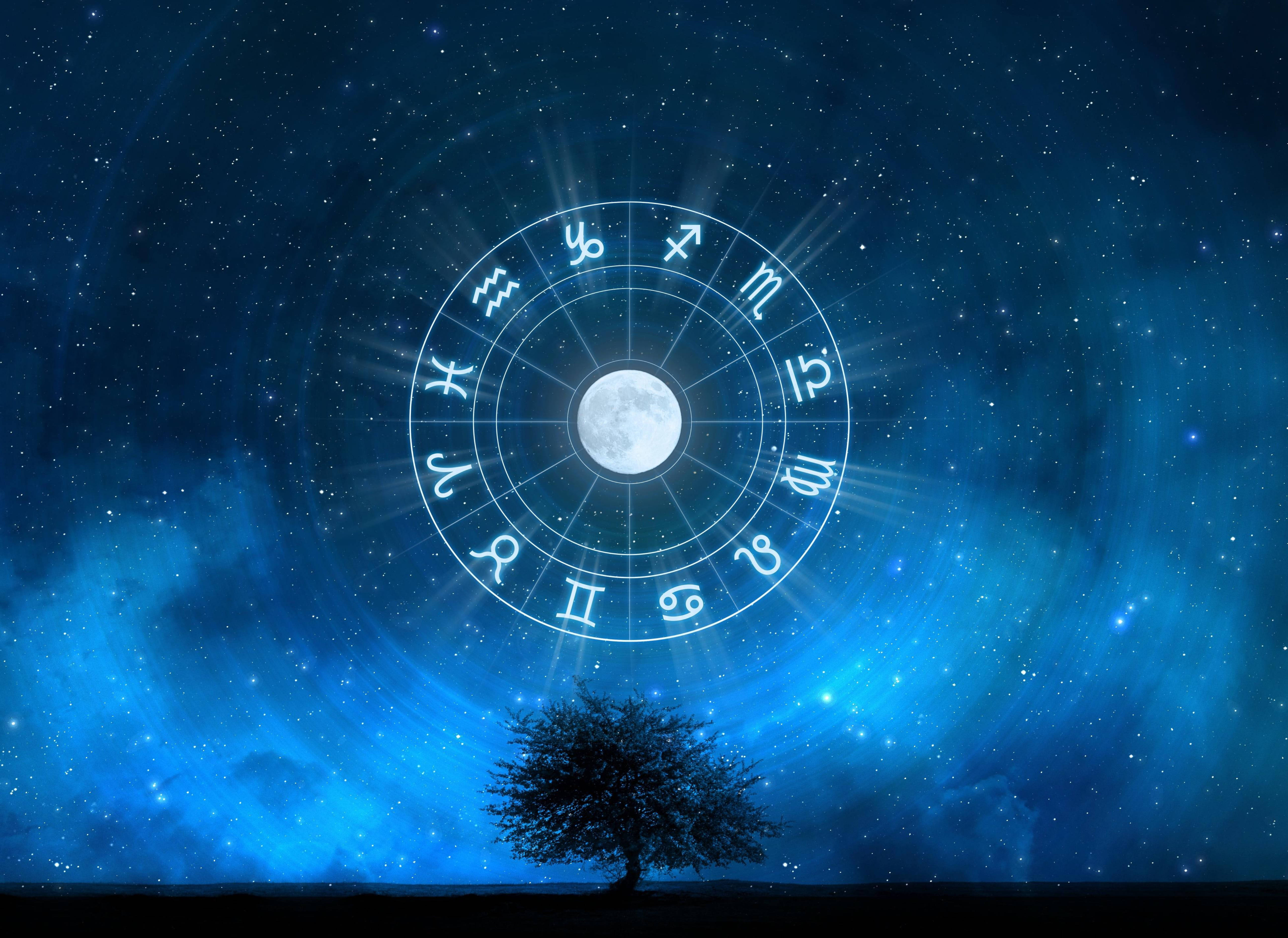 zodiac 桌布 壁紙 — 一棵孤獨的樹在滿月為中心的發光黃道輪下剪影，背景是繁星點點的藍色夜空。