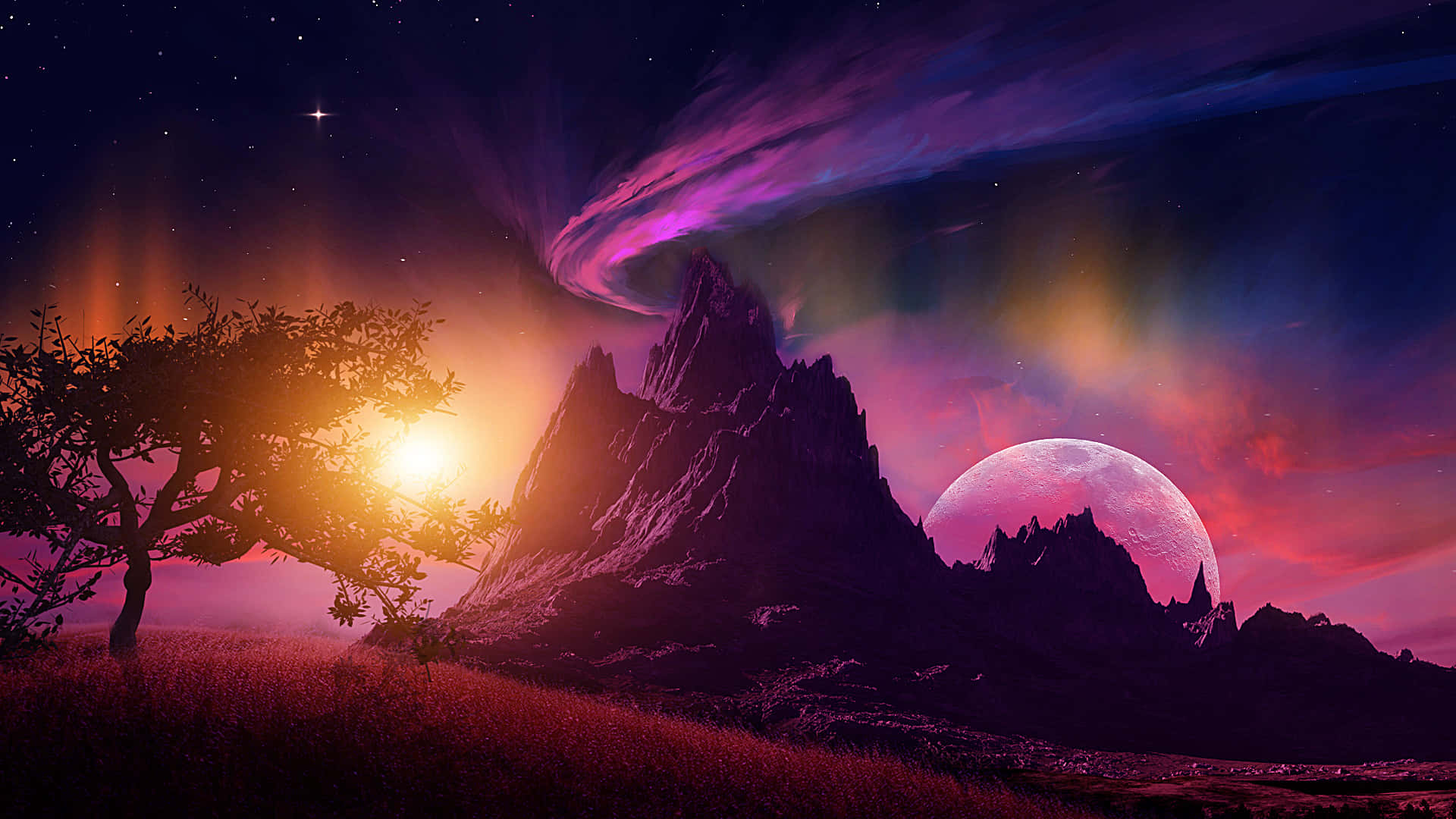 images 桌布 壁紙 — 一棵孤獨的樹在超現實的日落中形成剪影，背景有發光的太陽、鋸齒狀的山脈和一彎新月，下方是繁星點點的紫色天空。