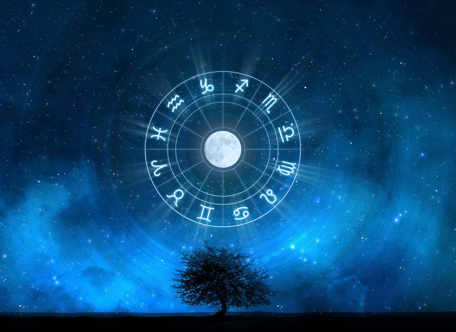 astrology 桌布 壁紙 — 一棵孤獨的樹在閃耀的黃道輪下形成剪影，黃道輪以滿月為中心，背景是繁星點點的藍色夜空。