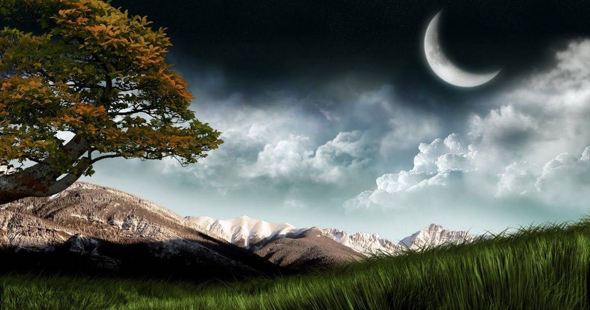 自然 桌布 壁紙 — 一棵孤獨的樹帶著秋葉，站在新月和戲劇性雲層下的雪覆蓋山脈前的草地上。