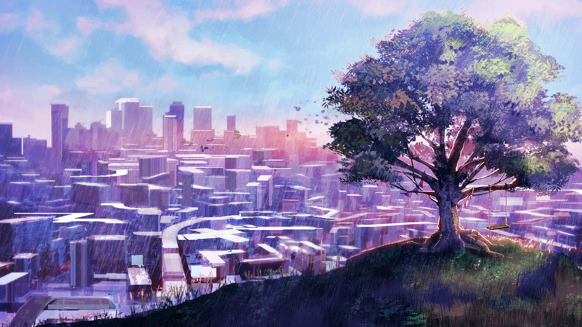城市風景 桌布 壁紙 — 一棵孤獨的樹帶著鞦韆立於山丘上，俯瞰著粉彩天空下細雨綿綿的未來城市景觀。