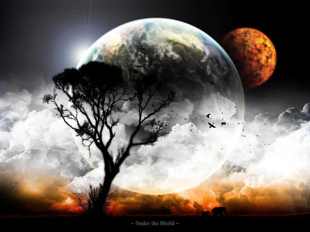 地球 桌布 壁紙 — 一棵孤獨的樹影矗立在一個巨大的行星和發光的橙色月亮前，背景是戲劇性的多雲天空。