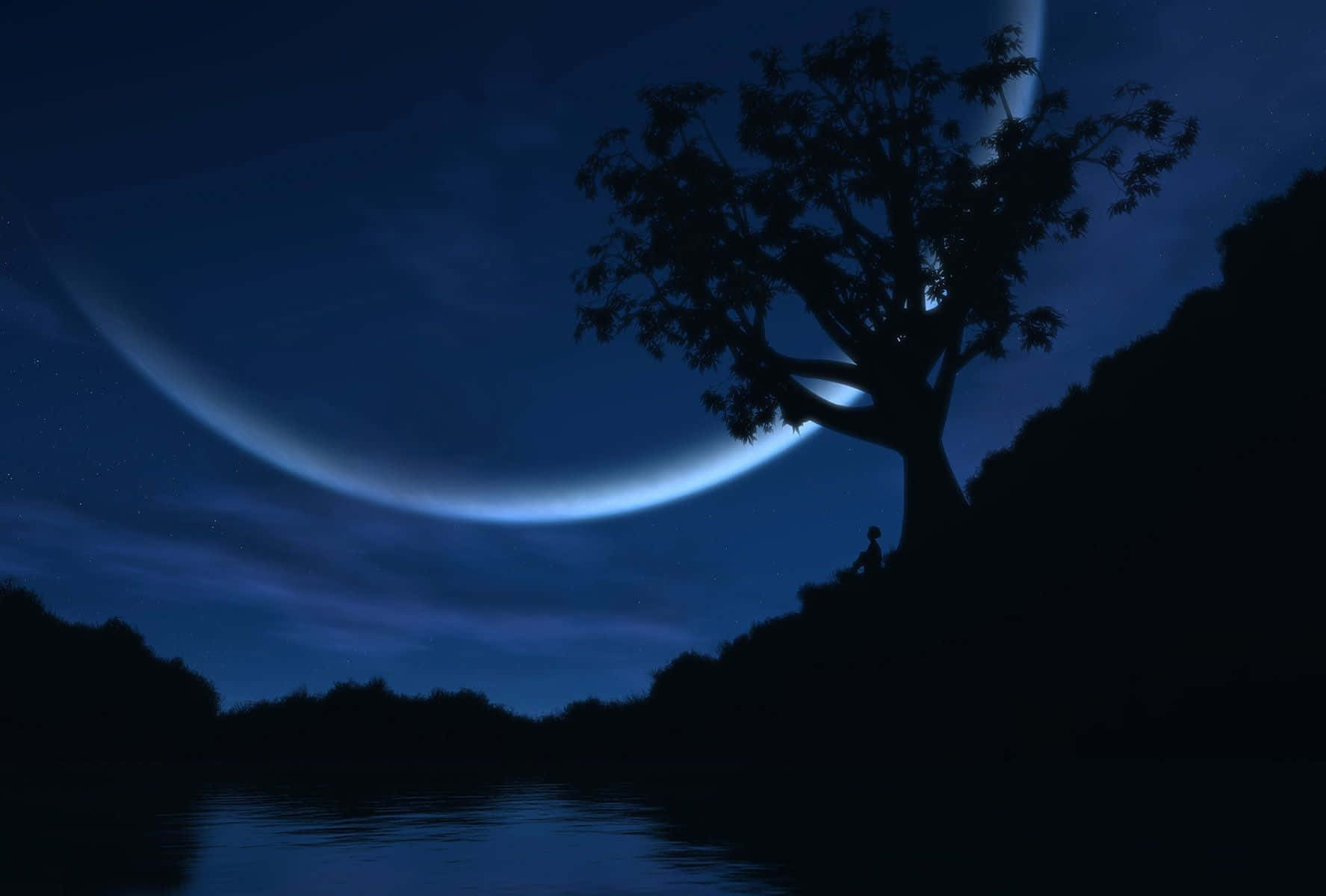 Moonlight 桌布 壁紙 — 一棵孤獨的樹影矗立在水邊，下方是閃爍的彎月和星空。