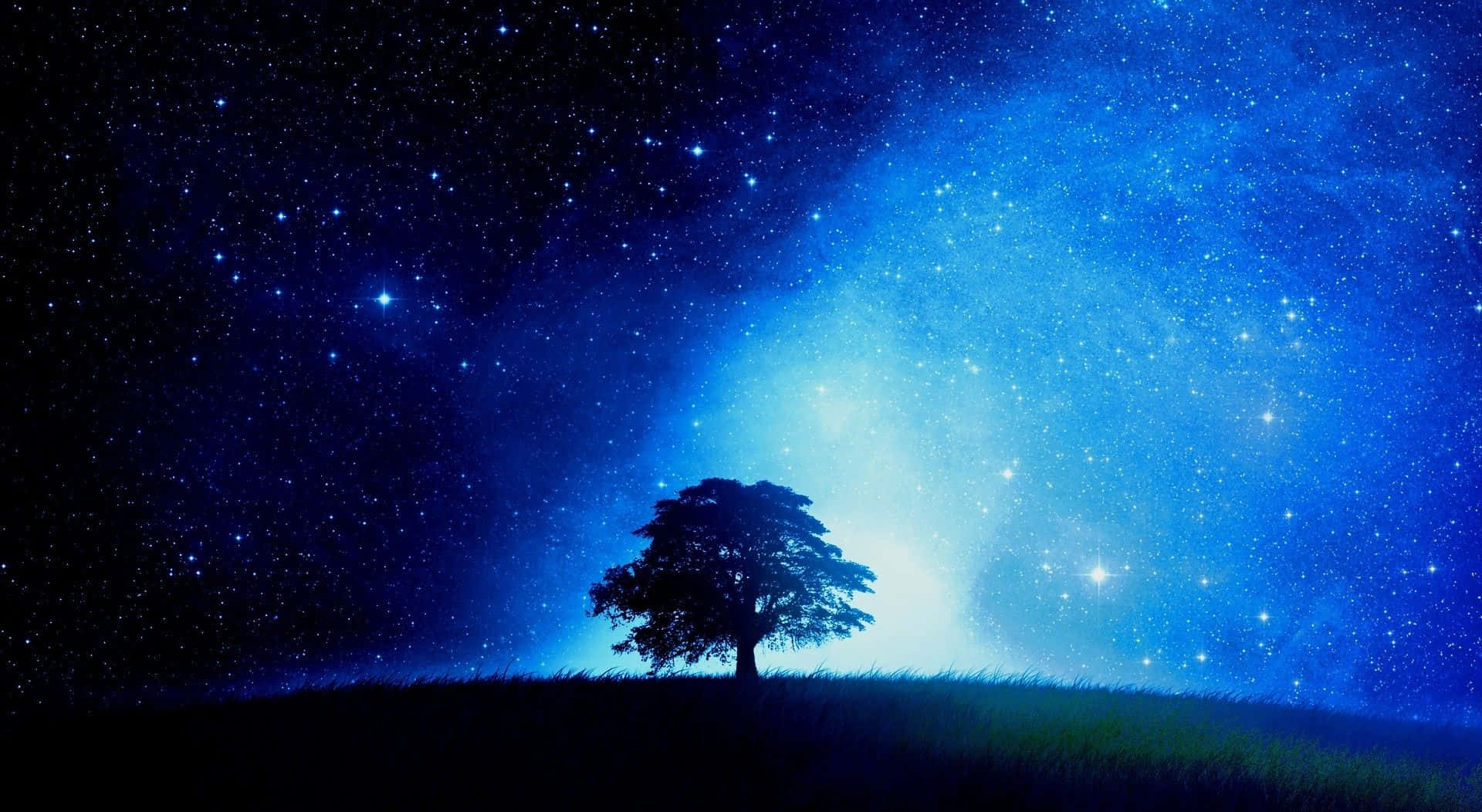 Stars 桌布 壁紙 — 一棵孤獨的樹影矗立在長滿草的山丘上，下方是廣闊的星空夜空，散發著宇宙藍光。