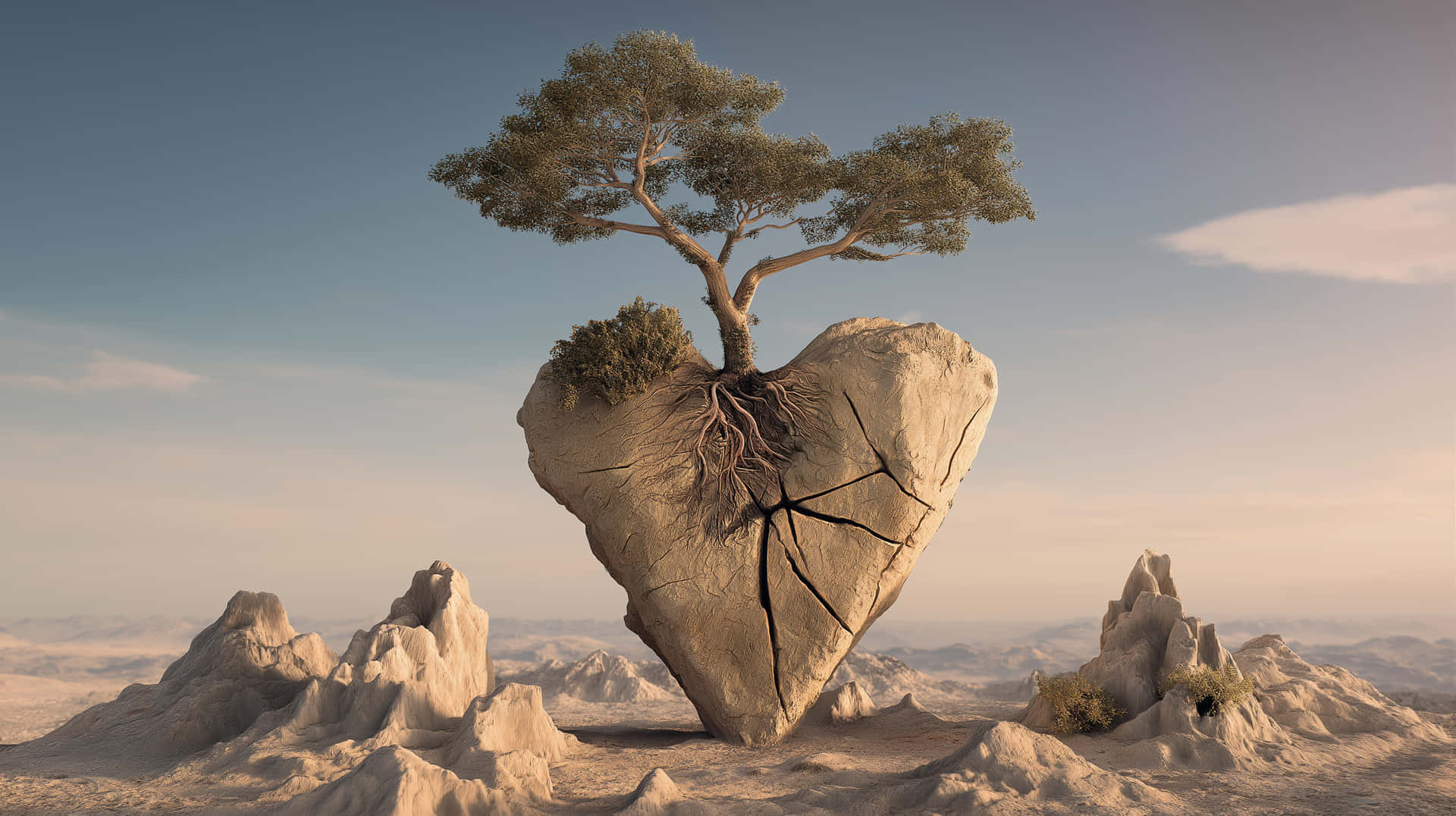 A tree growing out of a heart made of stone 壁紙 — 一棵孤獨的樹從裂開的心形岩石中長出，在廣闊的沙漠景觀中，天空晴朗。