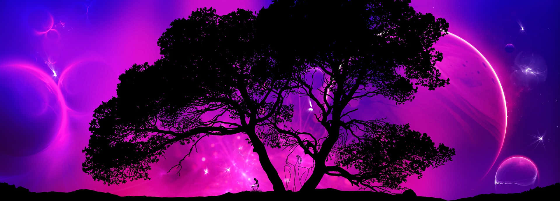 Silhouette 桌布 壁紙 — 一棵孤獨的樹木剪影，映襯著充滿發光球體和星星的鮮豔紫粉色宇宙天空。
