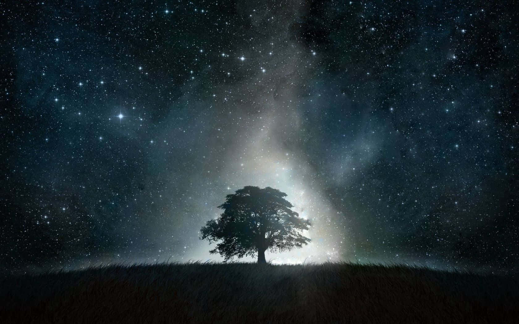 Dark Landscape 桌布 壁紙 — 一棵孤獨的樹木剪影矗立在長滿草的山丘上，下方是令人嘆為觀止的星空，充滿了宇宙塵埃和發光的星雲。