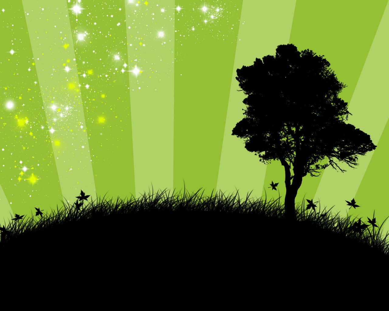 Stars 桌布 壁紙 — 一棵孤獨的樹的剪影矗立在長滿青草的山丘上，背景是閃爍著光芒的翠綠色背景。
