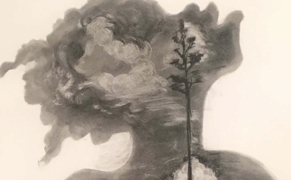 Charcoal Drawings 桌布 壁紙 — 一棵孤獨的樹矗立在一個旋轉的雲層形成的人頭形狀前，背後可見一輪月亮。
