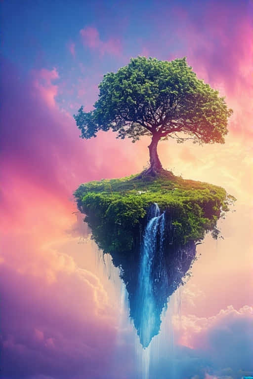 Dreamscape Haven Floating Island with Waterfall & Tree 壁紙 — 一棵孤獨的樹矗立在一個漂浮的綠色島嶼上，瀑布傾瀉而下，落入下方的雲層中。