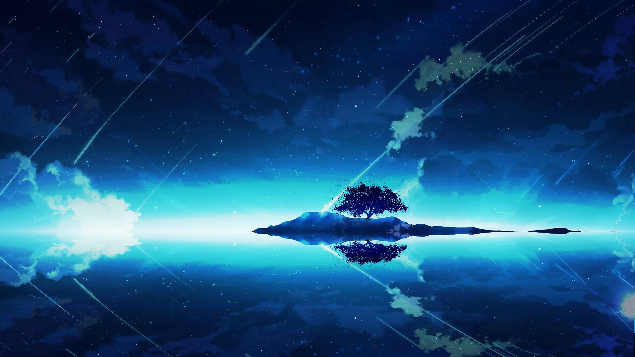 高清 桌布 壁紙 — 一棵孤獨的樹矗立在小島上，星空下，流星和發光的雲朵倒映在平靜的水面上。