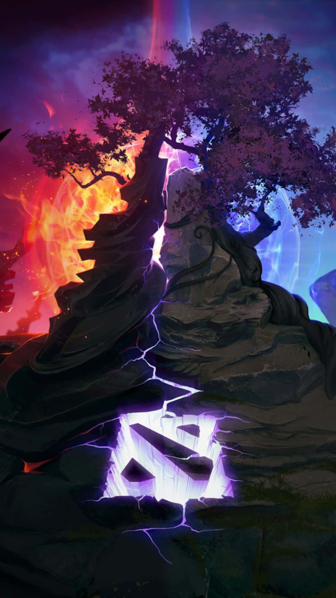 電玩遊戲 桌布 壁紙 — 一棵孤獨的樹矗立在岩石懸崖上，熾熱的橙色熔岩在旁邊噴發，紫色的閃電從地面劈啪作響。