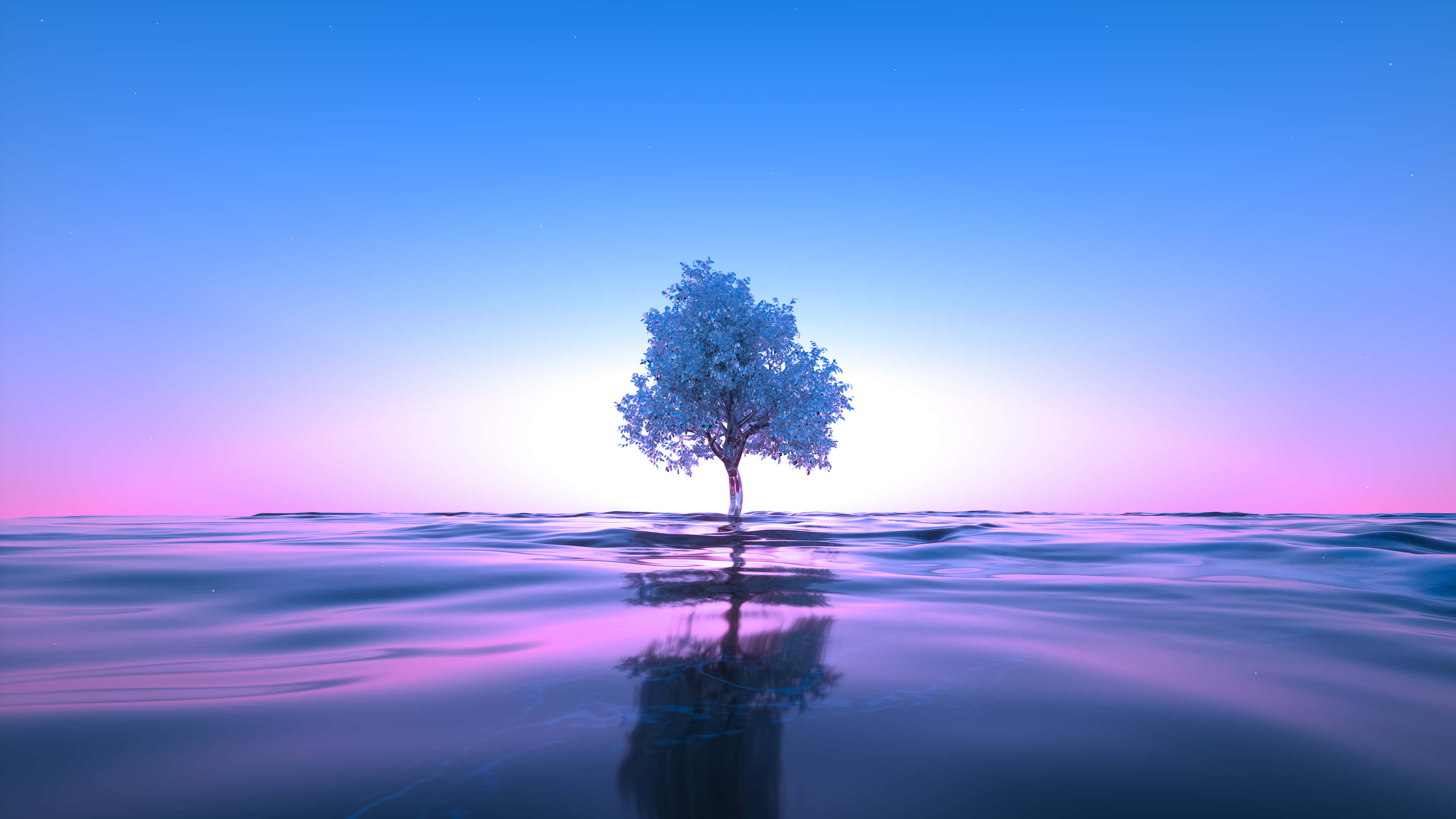Blue And Pink Aesthetic Neon 桌布 壁紙 — 一棵孤獨的樹矗立在平靜的水面上，天空在黃昏時呈現藍色和粉紅色的漸變，其倒影在水下閃爍。