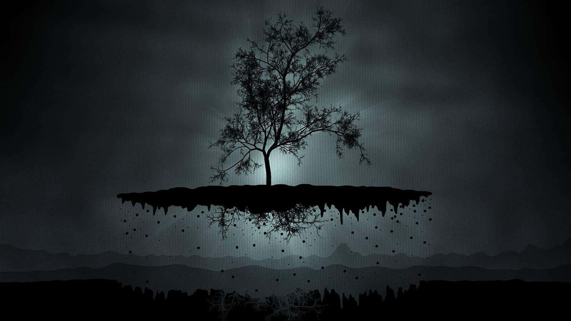 Dark Digital Art 桌布 壁紙 — 一棵孤獨的樹矗立在浮島上，下方是黑暗的暴風雨天空，邊緣滴落，遠處有山脈。