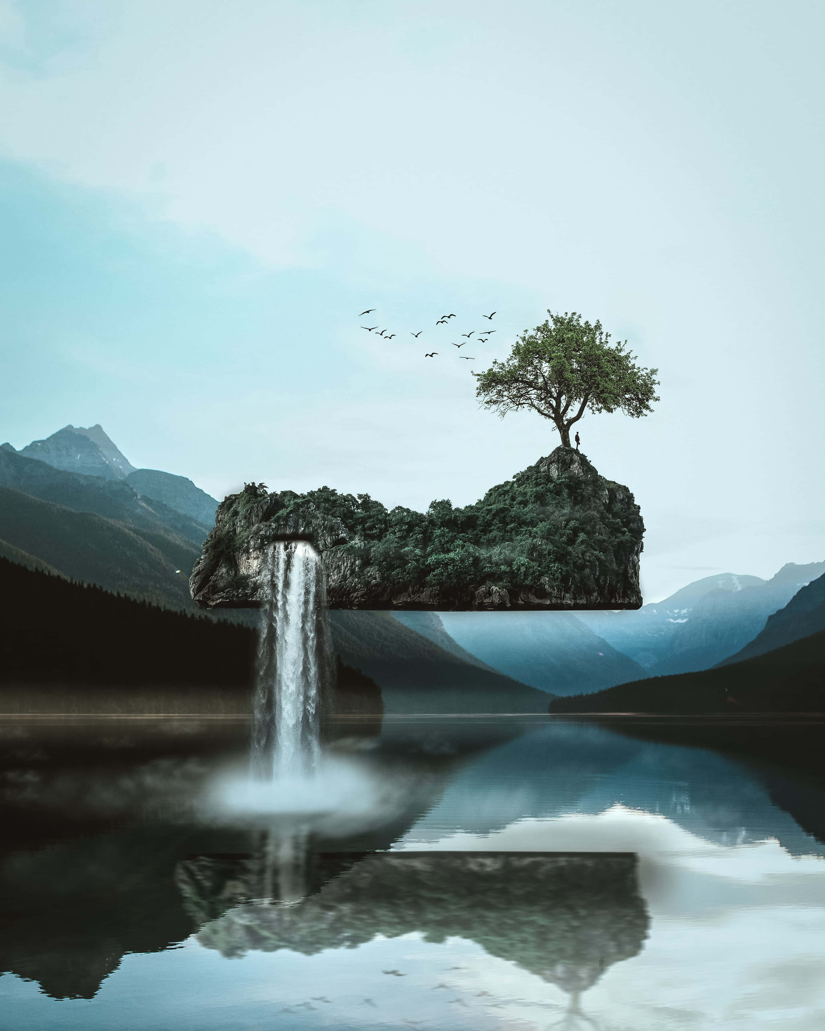 漂浮島嶼 桌布 壁紙 — 一棵孤獨的樹矗立在浮島上，瀑布傾瀉而下，流入被群山環繞的鏡面湖。