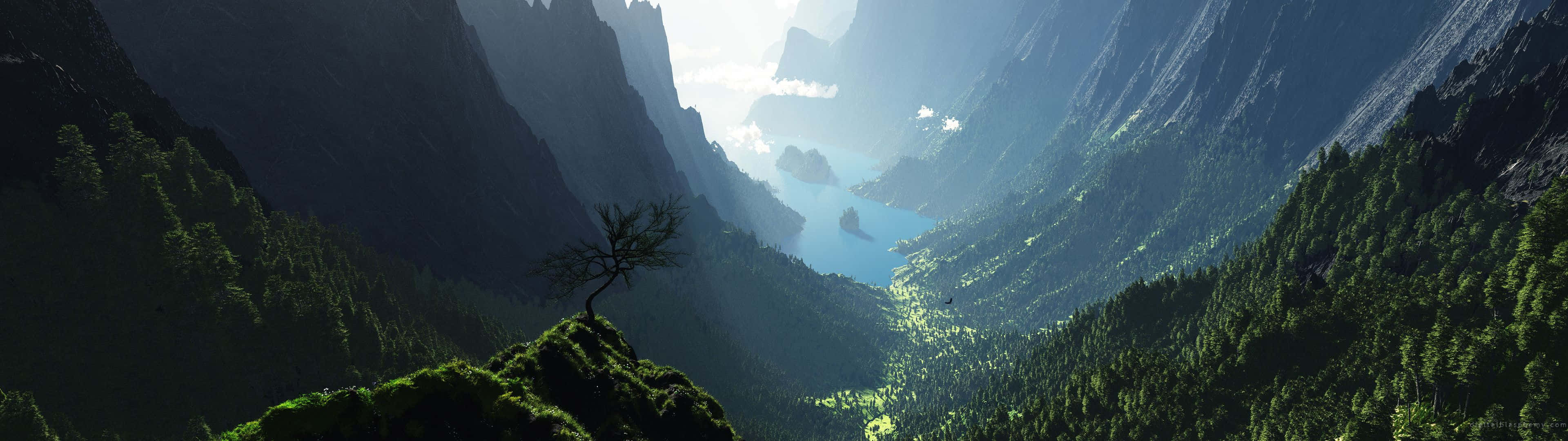 3840 X 1080 Gaming 桌布 壁紙 — 一棵孤獨的樹矗立在長滿青苔的懸崖上，俯瞰著陽光明媚的山谷，寧靜的湖泊坐落在高聳的森林覆蓋的山脈之間。