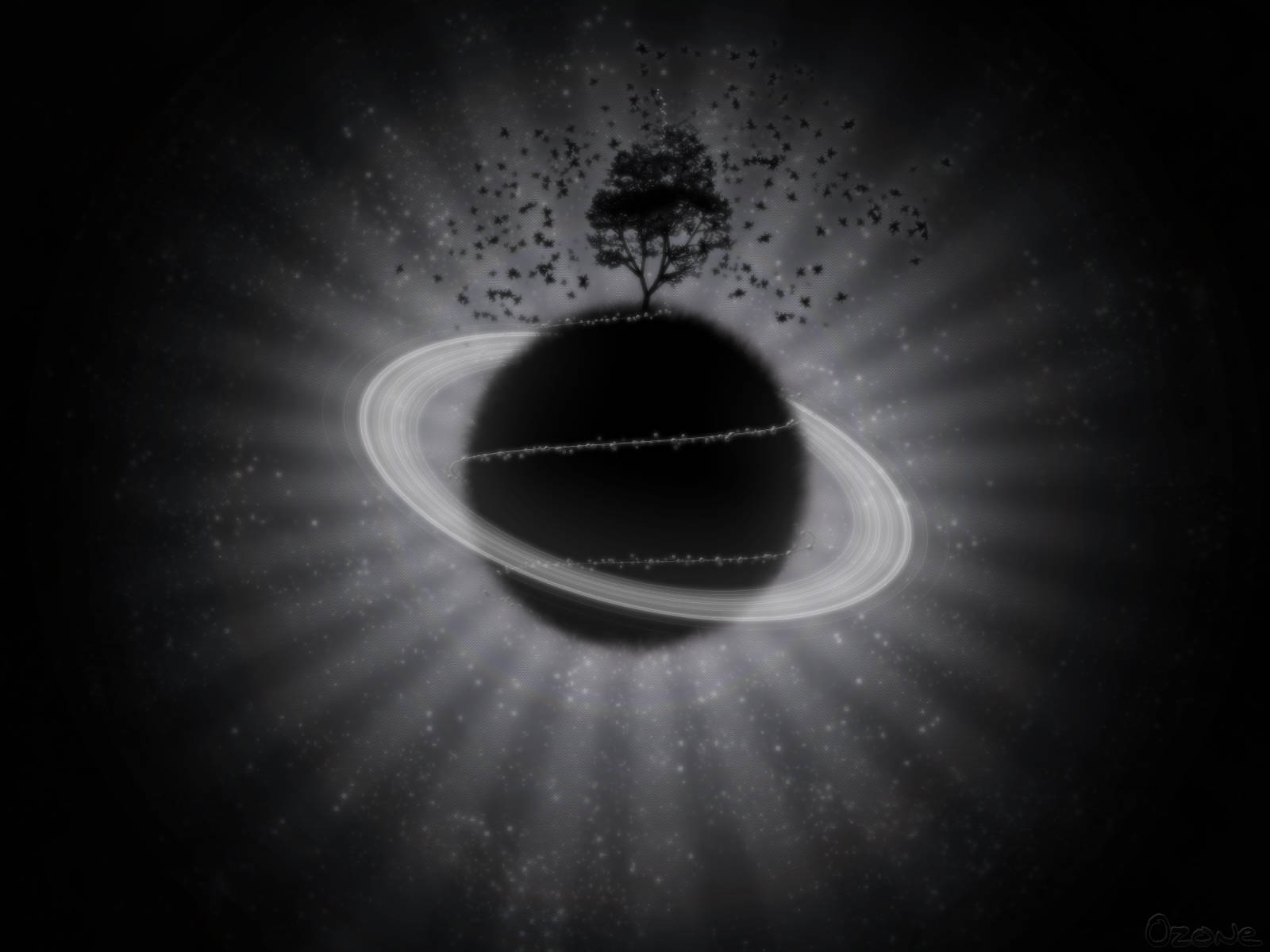 Black Planet 桌布 壁紙 — 一棵孤獨的樹矗立在黑暗星球上，星球帶有發光環，背景是星光燦爛的宇宙。