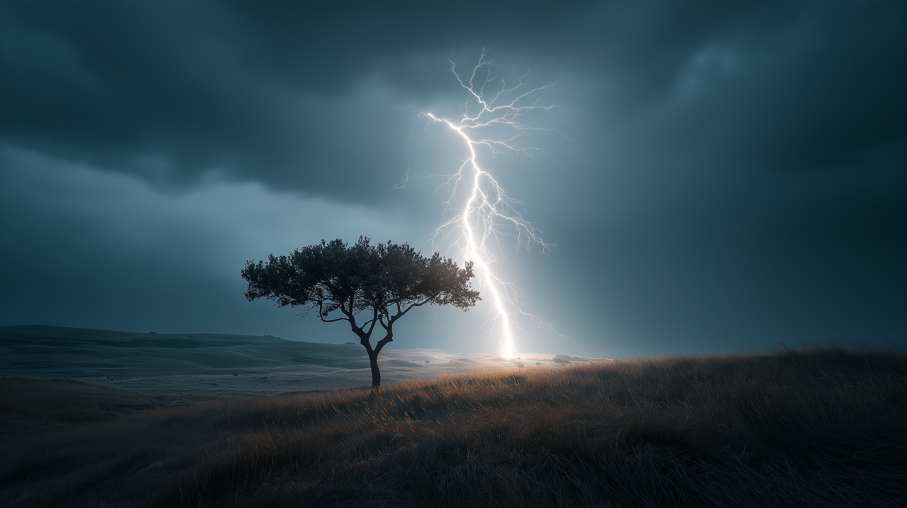 Thunderstorm 桌布 壁紙 — 一棵孤獨的樹立在草地上，一道明亮的閃電在暴風雨的天空下擊中附近的地面。