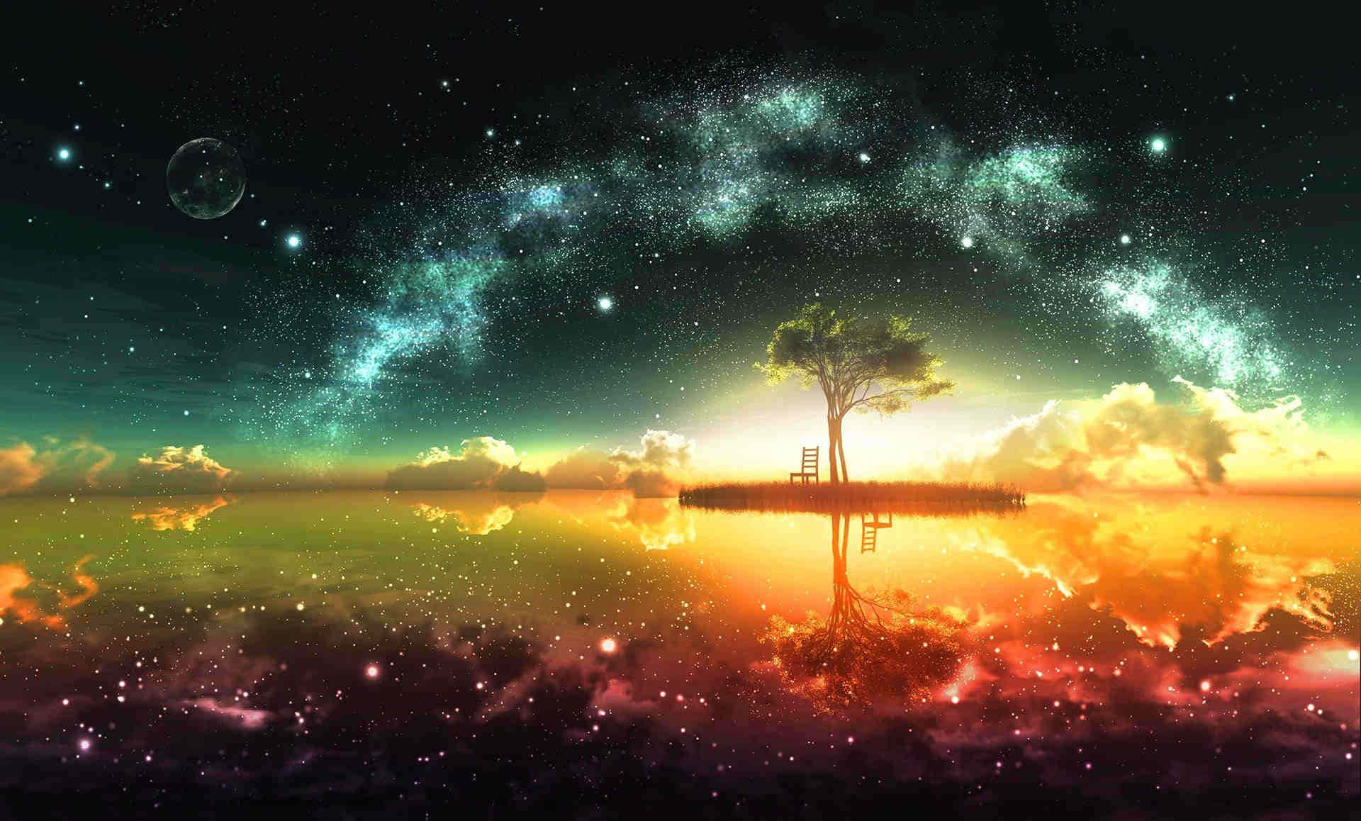 dreamy 桌布 壁紙 — 一棵孤獨的樹連同一張椅子矗立在一個小島上，在充滿活力的星空下，映照在宇宙海洋中，並有發光的星雲。