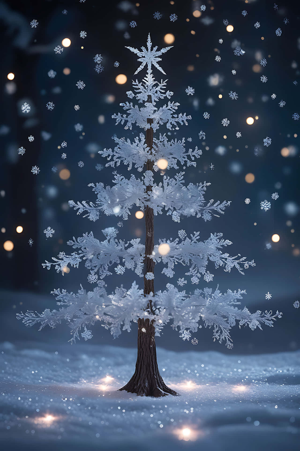 Enchanted snowflake tree in winter night 壁紙 — 一棵孤獨的樹點綴著雪花，矗立在雪景中，星空下閃爍著光芒。