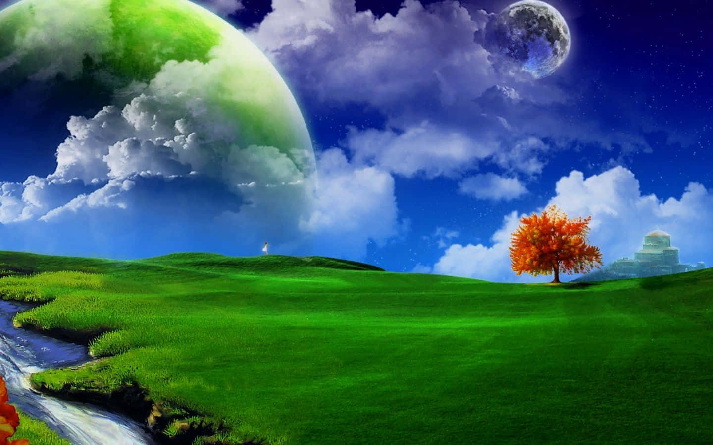 風景 桌布 壁紙 — 一棵孤獨的橙樹矗立在充滿活力的綠色山丘上，天空超現實，有發光的綠色行星和月亮。