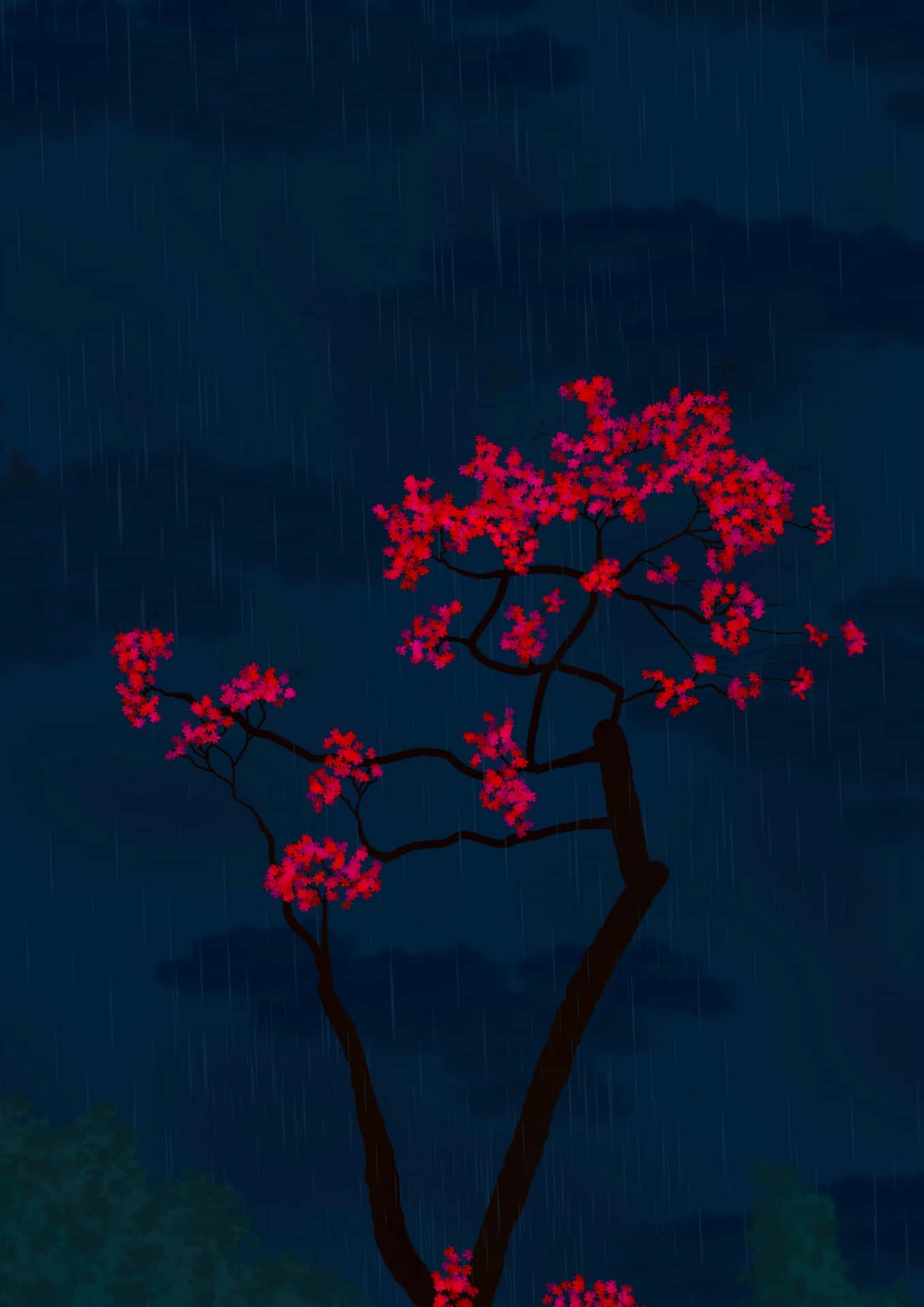 Crimson Blossoms in the Rain 壁紙 — 一棵孤獨的櫻花樹，開著鮮豔的粉紅色花朵，在黑暗的雨夜天空襯托下呈現剪影。