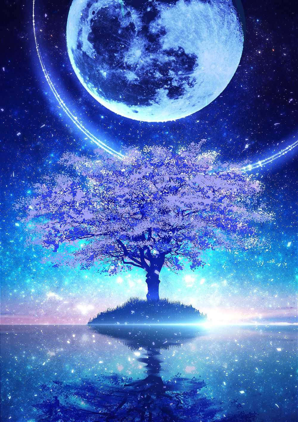 Cool Moon 桌布 壁紙 — 一棵孤獨的櫻花樹在一個小島上，在巨大的發光月亮和星空下，倒映在平靜的水面上。
