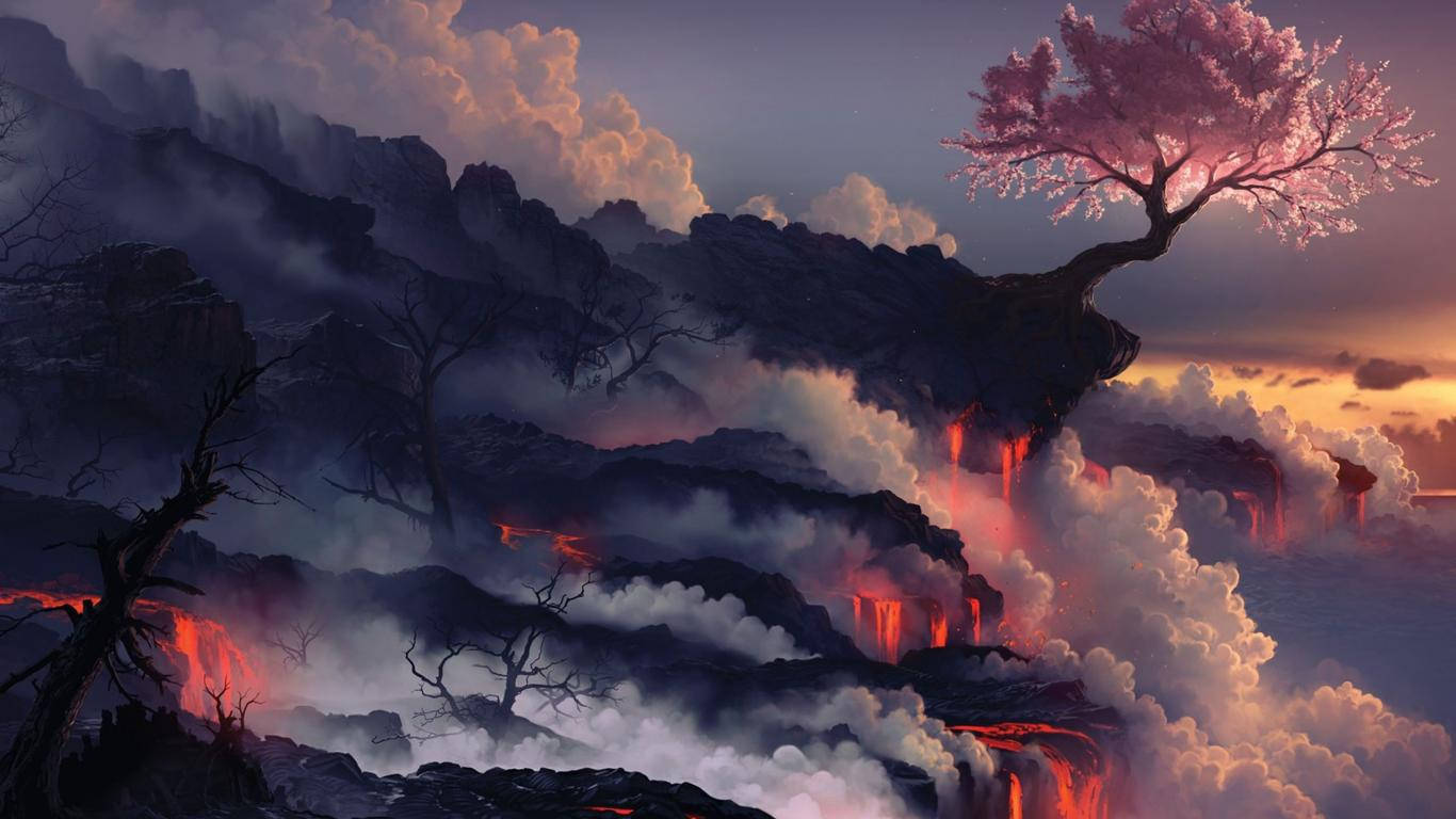 Asia 桌布 壁紙 — 一棵孤獨的櫻花樹在火山懸崖頂上 defiantly 綻放，熔岩在日落時分穿過霧雲傾瀉而下。