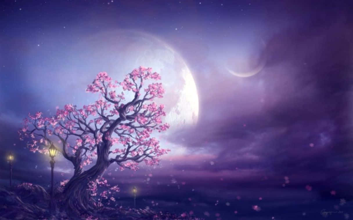 dreams 桌布 壁紙 — 一棵孤獨的櫻花樹在神秘紫色夜空中，於巨大發光的滿月和彎月下盛開。