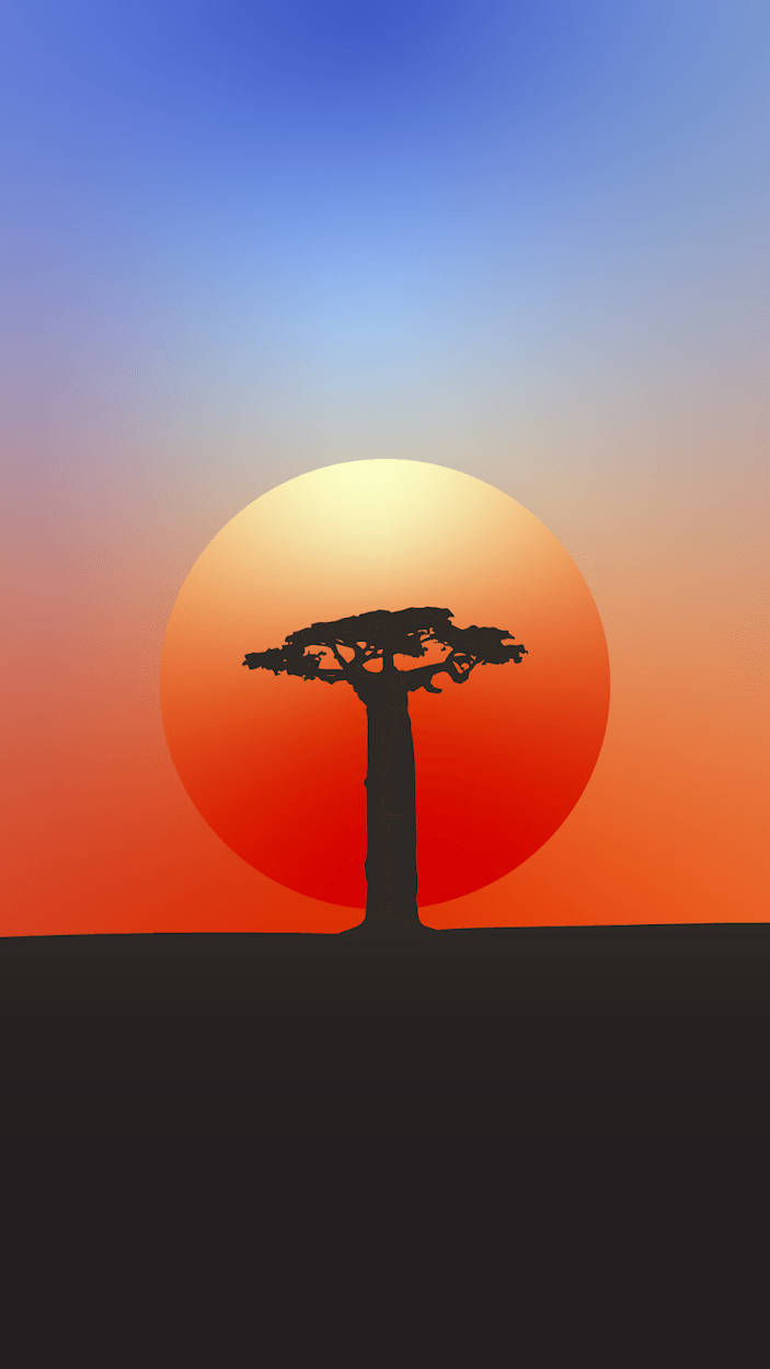Tree 桌布 壁紙 — 一棵孤獨的猴麵包樹以黑色剪影矗立在從橙色過渡到藍色的鮮豔漸變日落天空前。