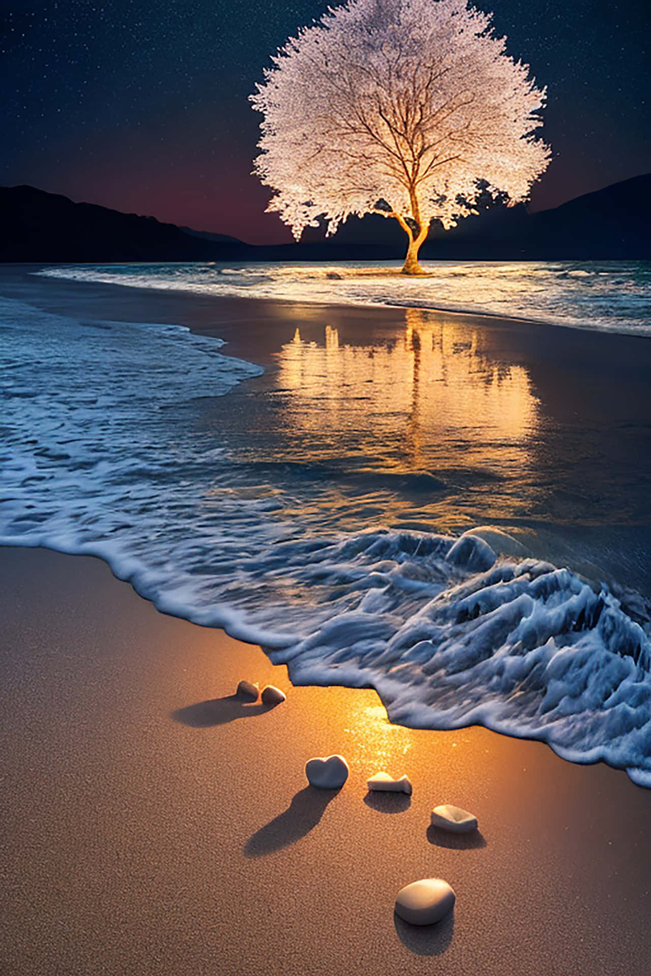 The beach stones, soaked in the moonlight, resemble a natural painting, shining with the serenity of 壁紙 — 一棵孤獨的發光樹矗立在月光照耀的海灘上，海浪輕輕拍打著它的根部，散落的石頭躺在濕沙中。