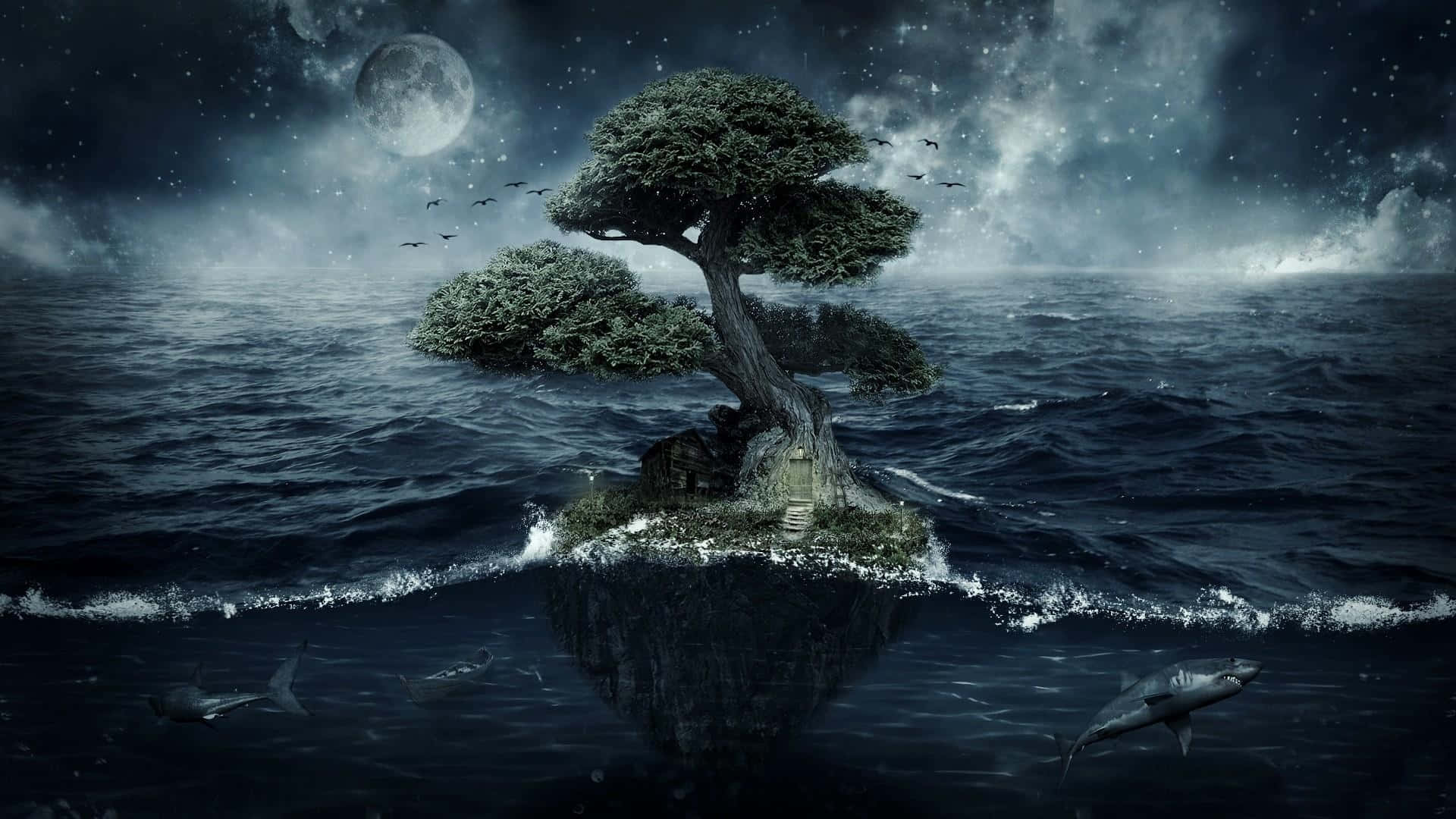 Dark Digital Art 桌布 壁紙 — 一棵孤獨的盆景樹立在風暴海洋中的浮島上，滿月之下有鯊魚在下方游動。