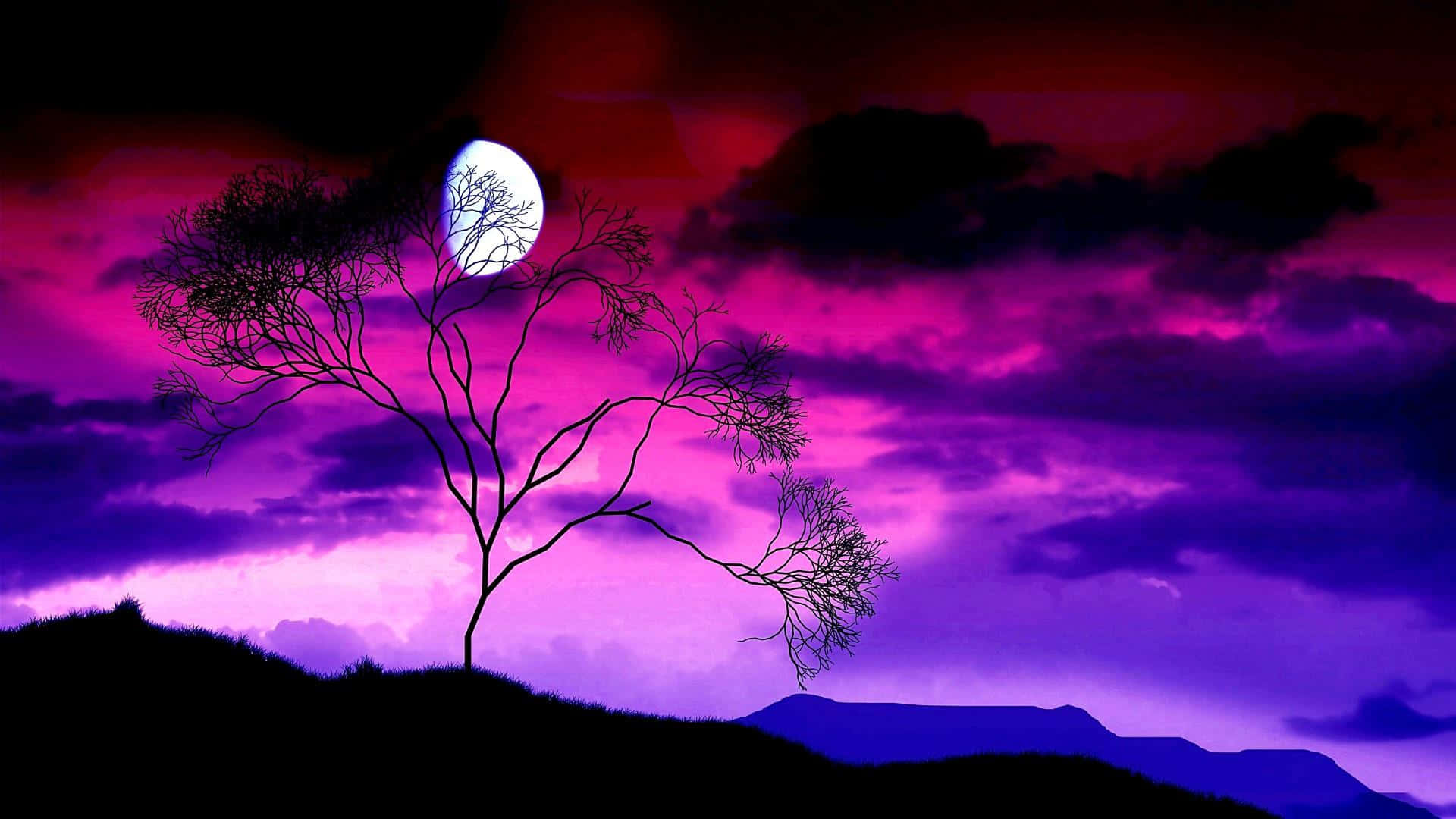 Moonlight 桌布 壁紙 — 一棵孤獨的禿樹剪影，映襯著充滿活力的紫色和紅色黃昏天空，一輪發光的滿月。