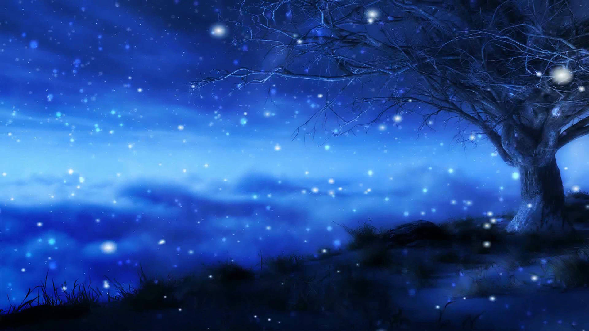 雪 桌布 壁紙 — 一棵孤獨的禿樹矗立在星空下，閃爍著神奇的藍光和柔和的雲彩。