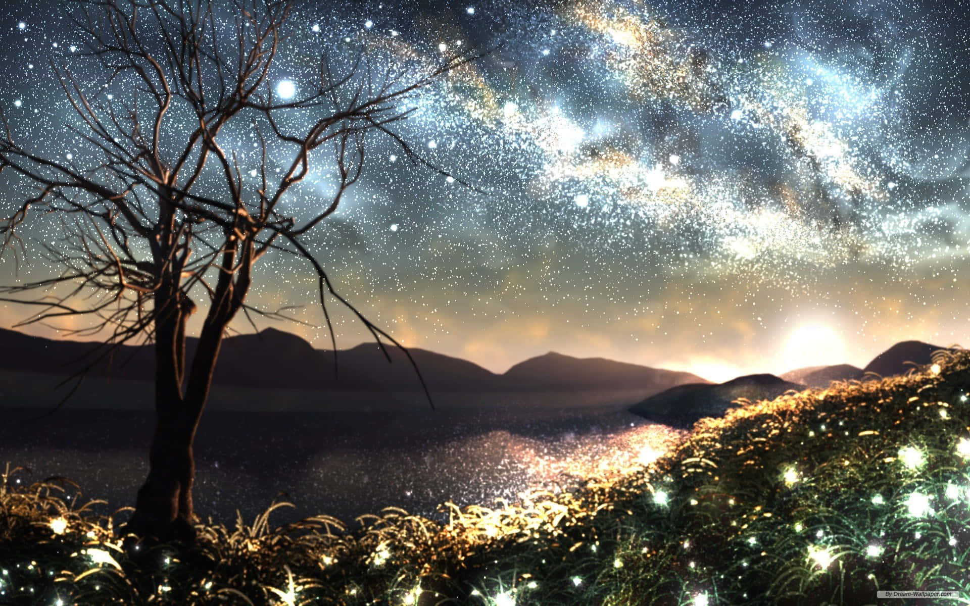 Firefly HD 桌布 壁紙 — 一棵孤獨的禿樹矗立在發光的花田中，上方是繁星點點的天空，明亮的銀河拱起。