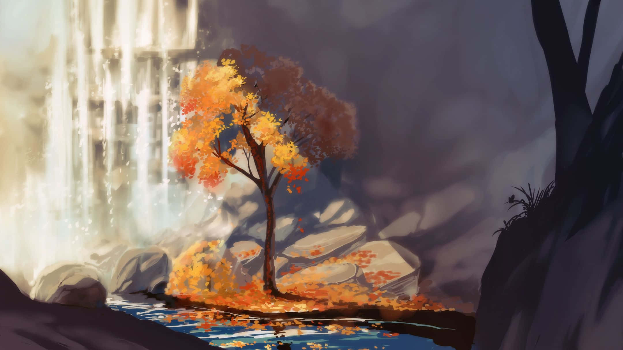 2160x1215 桌布 壁紙 — 一棵孤獨的秋樹，帶有火紅的橙色葉子，矗立在寧靜的山谷中，旁邊是霧氣繚繞的瀑布。