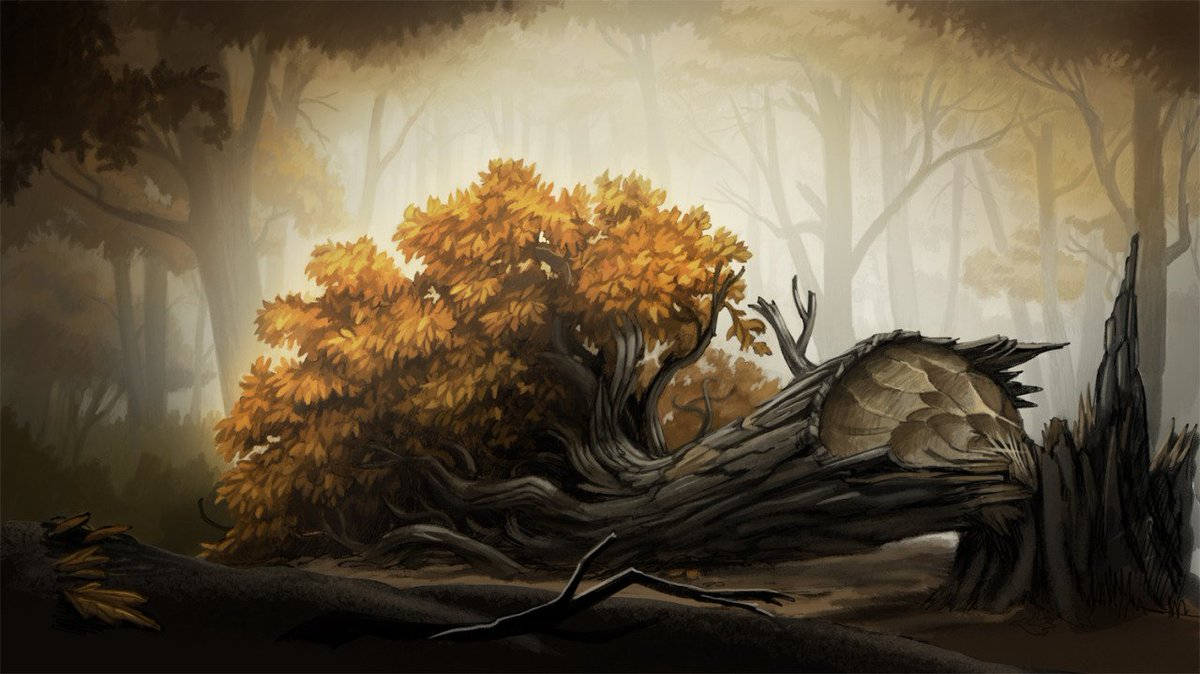 over the garden wall 桌布 壁紙 — 一棵孤獨的秋樹，金黃的葉子，佇立在霧氣瀰漫、陰暗的森林中，旁邊有一根倒下的木頭。
