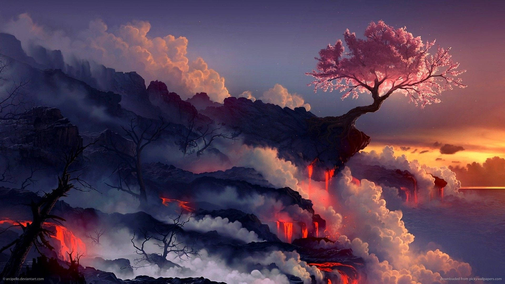 史詩 桌布 壁紙 — 一棵孤獨的粉紅櫻花樹傲然挺立在懸崖邊，熔岩在夕陽下翻滾的雲層下流淌。