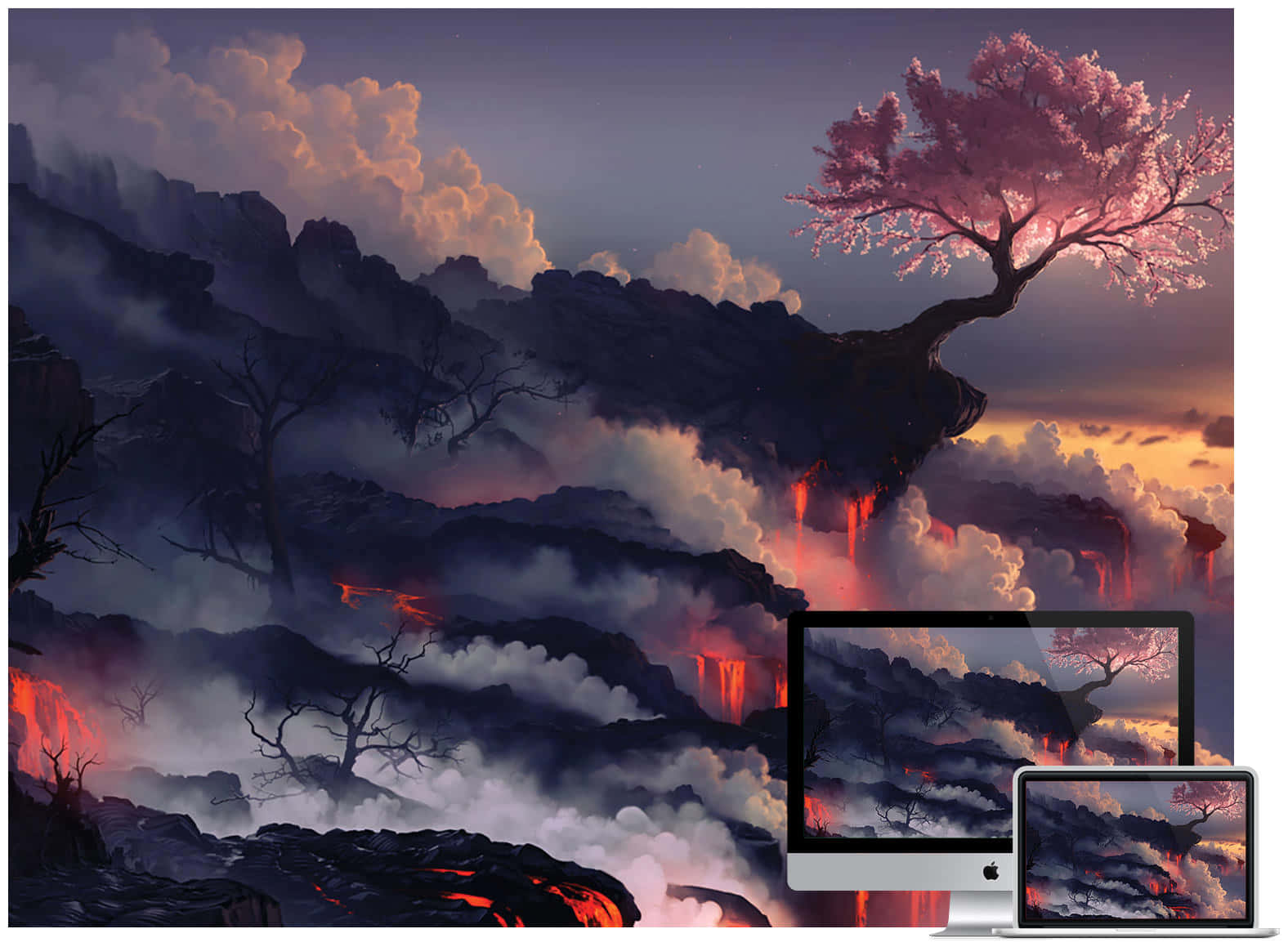 背景 桌布 壁紙 — 一棵孤獨的粉紅色櫻花樹在火山懸崖頂上 defiantly 綻放，熔岩在暮色天空下流淌。
