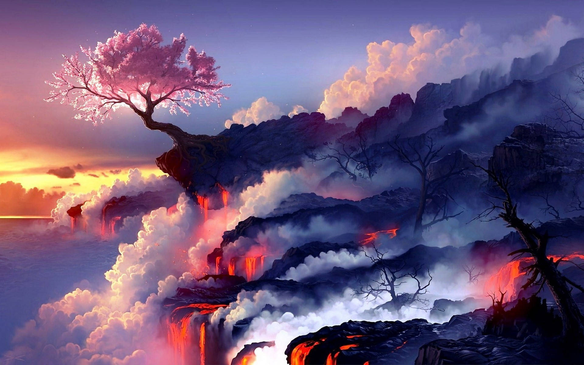 Photoshop HD 桌布 壁紙 — 一棵孤獨的粉紅色櫻花樹棲息在懸崖上，俯瞰著日落時分發光的熔岩流和霧濛濛的雲層。