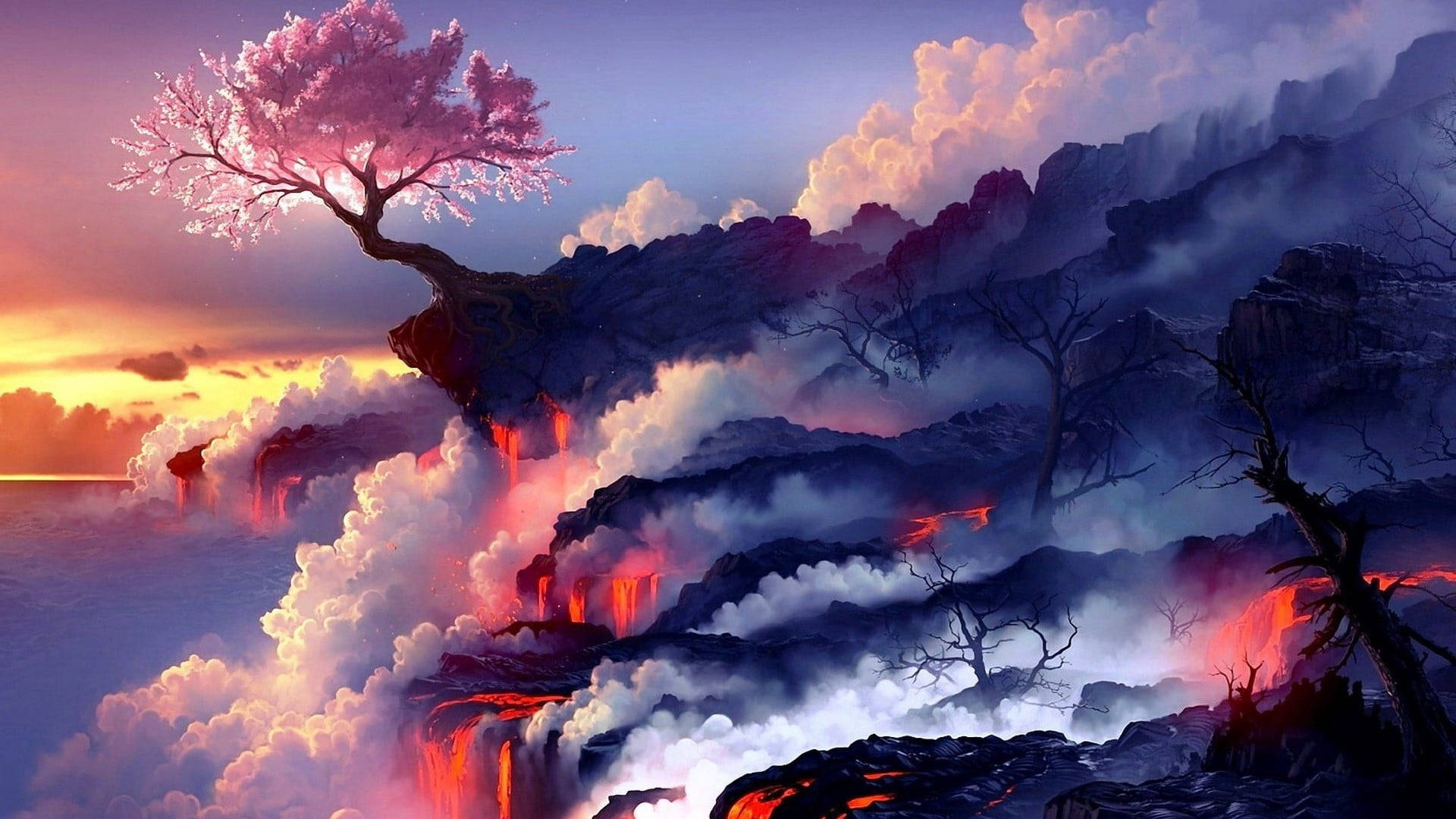 Digital 桌布 壁紙 — 一棵孤獨的粉紅色櫻花樹矗立在火山懸崖上，熔岩在日落時分穿過霧濛濛的雲層流淌。