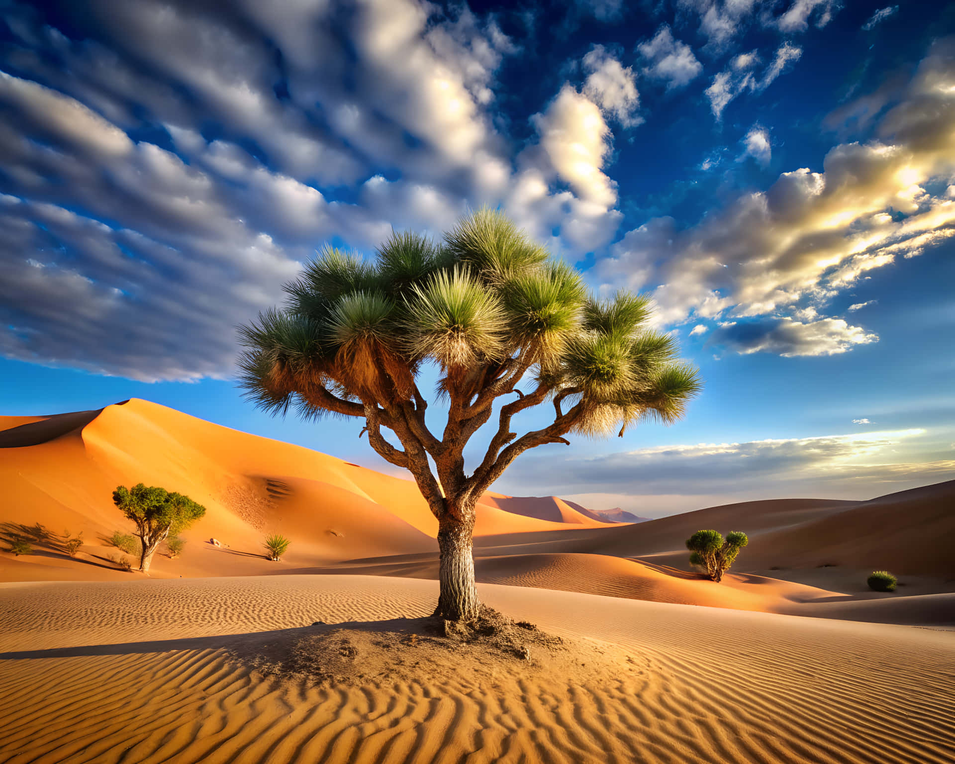 Thorny tree in the desert 壁紙 — 一棵孤獨的約書亞樹堅韌地矗立在波紋狀的金色沙丘上，背景是戲劇性的藍天，點綴著蓬鬆的白雲。