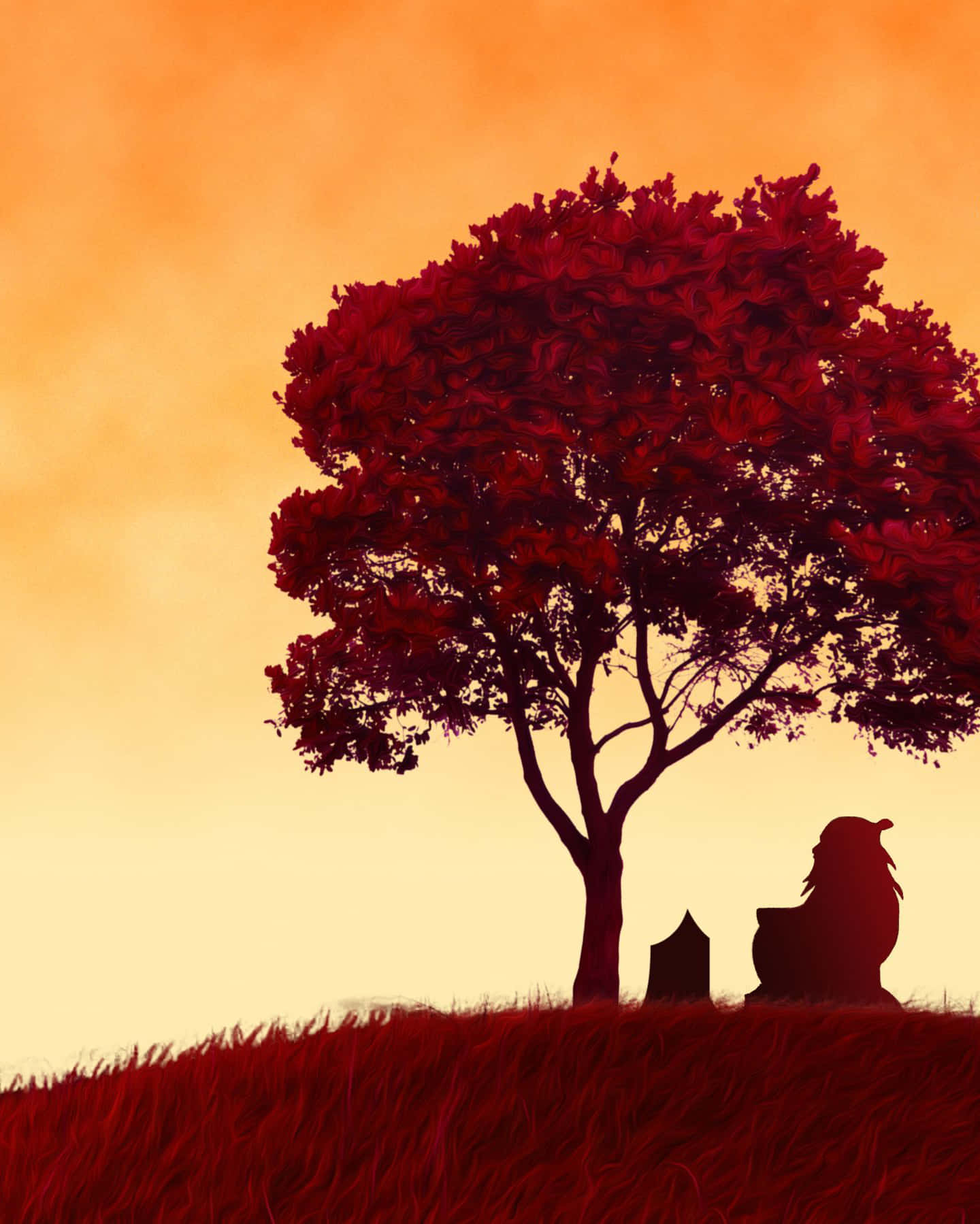 Uncle Iroh 桌布 壁紙 — 一棵孤獨的紅樹在溫暖的橙色天空襯托下形成剪影，樹下草地上坐著一個人。